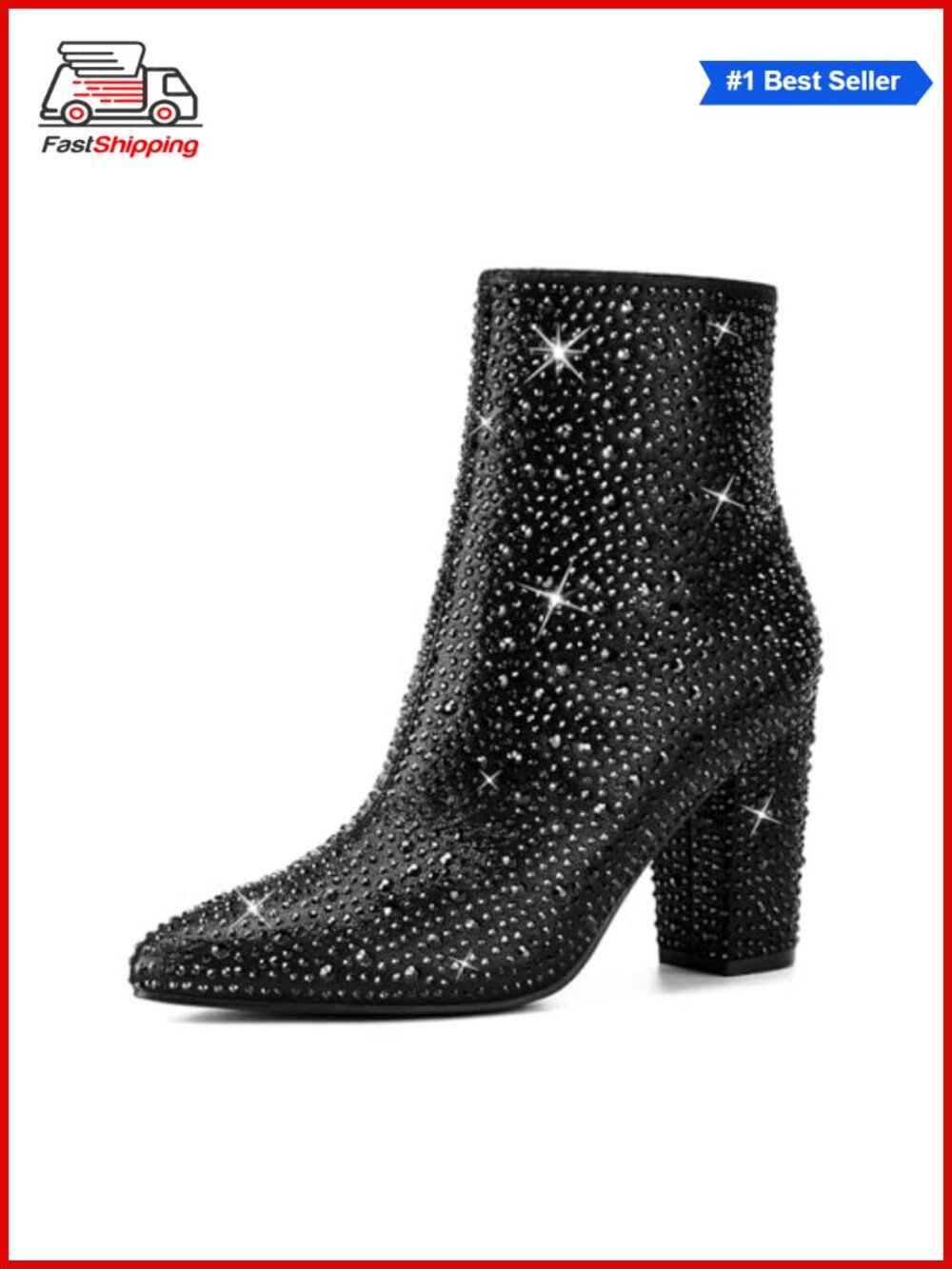 ✨Rhinestone Ankle Booties Pointed Toe Block Heel Side Zipper Disco Glam Party